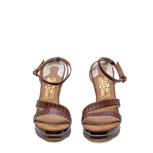 Salvatore Ferragamo Croc-Embossed Wedge Sandals – Tortoiseshell Lucite Platform - Picture 2 of 11